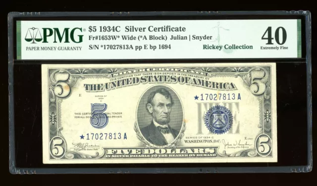 DBR $5 1934-C Silver STAR Fr. 1653W* Wide PMG XF-40 Serial *17027813A