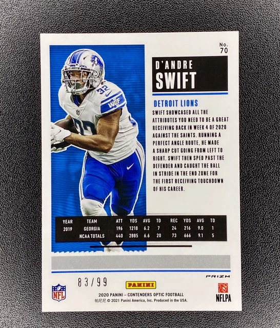 D'ANDRE SWIFT 2020 PANINI CONTENDERS OPTIC ROOKIE TICKET BLUE PRIZM RC /99 Lions 2