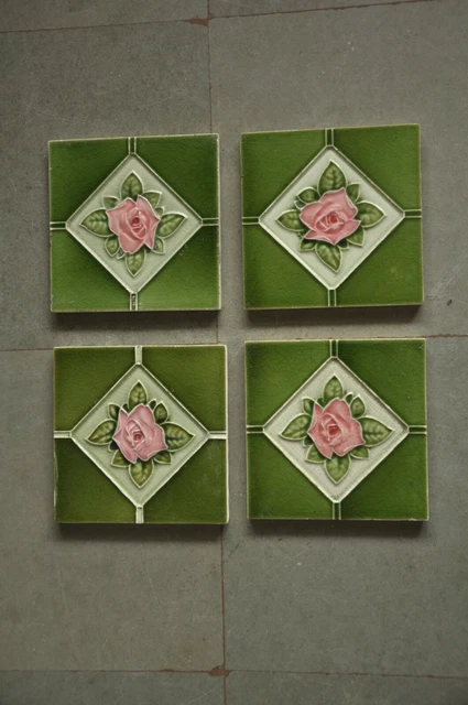 4 Pc Vintage Majolica Flowers & Diamond Art Nouveau Architecture Tiles,Japan 2