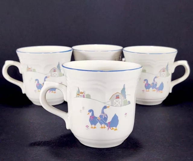 Sango Stoneware Harmony Cups Mugs Blue Goose Farm Set of Four