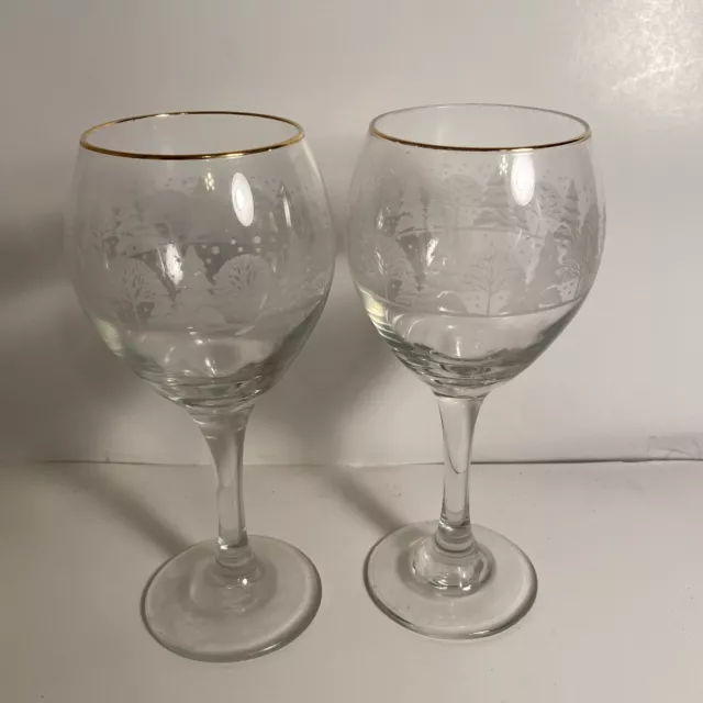 Vintage 7-3/4" Arby's Libbey Frosted/Gold Rim Wine Goblets Winter Scene Set of 2