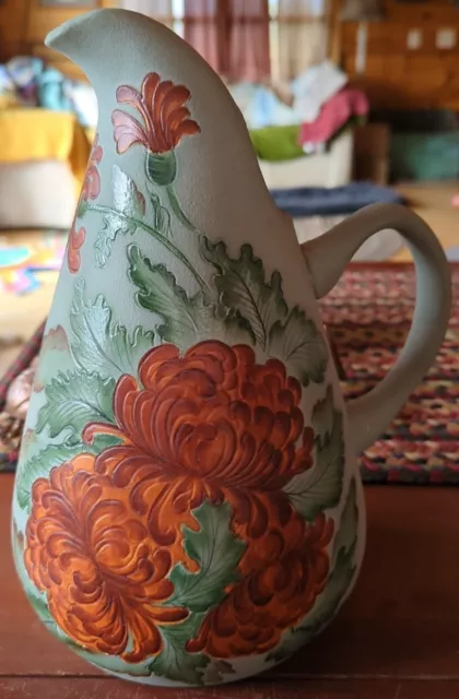 Vintage Jug Vase Pitcher Floral Terracotta Ceramic 12" Hand Painted Signed