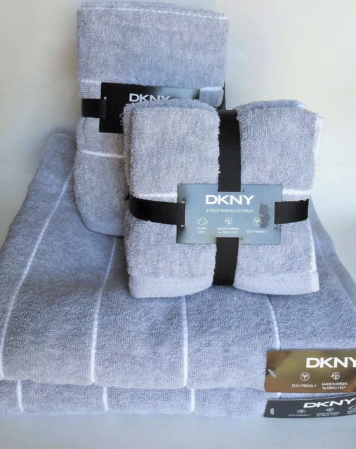 DKNY Eco-Melange 9 Piece White / Gray Stripe Accent Soft Cotton Bath Towel  Set