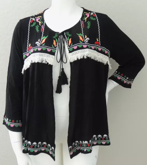 Velzera Embroidered Floral & Fringe Tie Front Open Jacket Black Plus 1XL - New!