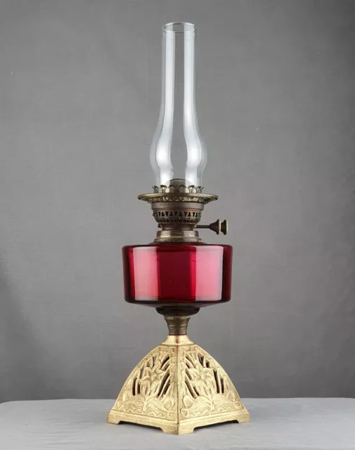 Victorian Cranberry Glass Font Kerosene Paraffin Duplex Oil Lamp