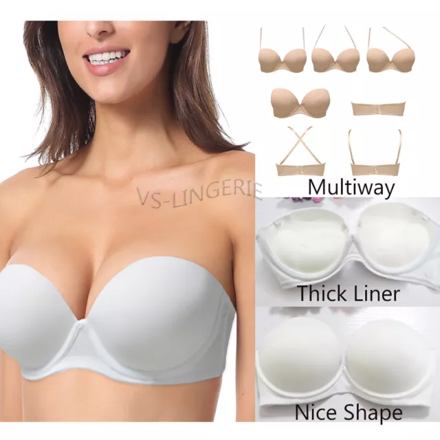 WOMEN MULTIWAY STRAPLESS Bra Boost Push up Plunge Thick Padded
