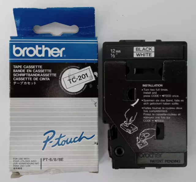 1x BROTHER TC-201 P-touch 12mm Farbband BLACK / WHITE PT-6, 8E, 10, 500, 2000