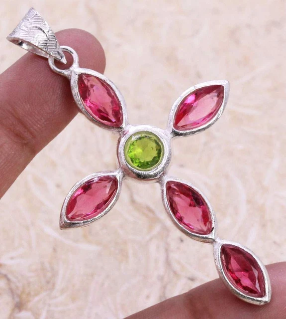 Pink Topaz 925 Silver Plated Handmade Pendant of 2.5" Ethnic Gift