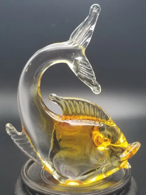 VTG Murano Style Art Glass Fish Paperweight Clear/Yellow 5" Hand Blown Glass