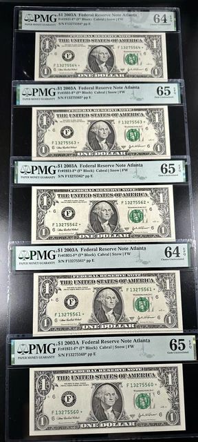 Lot of 5 Consecutive Star Federal Reserve Notes PMG 65 and 64 EPQ fr 1931-F* ATL