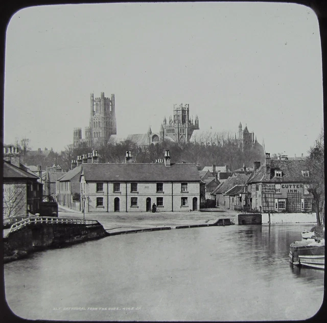 JV Glass Magic Lantern Slide ELY FROM THE RIVER NO2 C1890 CAMBRIDGESHIRE PHOTO