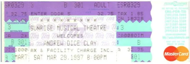 Vintage Andrew Dice Clay Ticket Stub Marzo 29 1997 Miami Florida