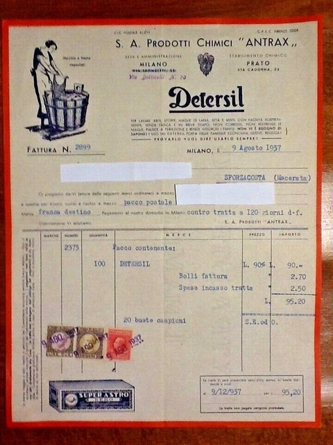 "" Antrax Detersil "" Stabilimento Chimico - Prato - Fattura 1937