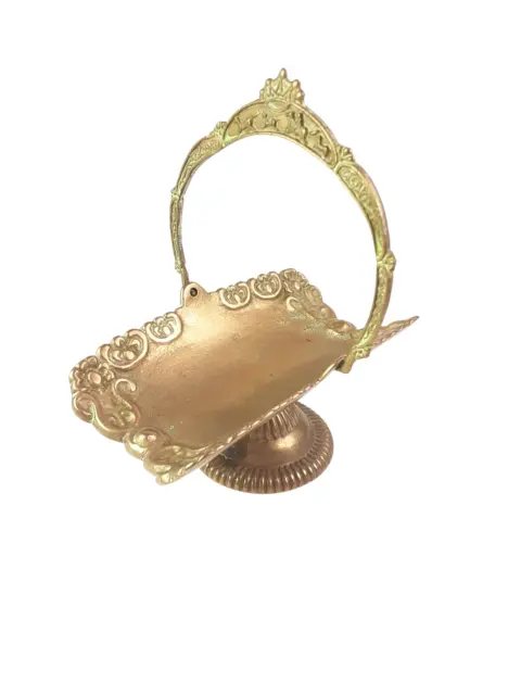 Vintage MCM Brass Dish Serving Tray with Handle Basket Handle Ornate Elegant 5"