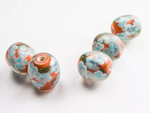 5 spektakuläre Lampwork Perlen 16 x 16 MM rot orange blau, Blüten (140/3)