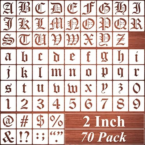 Plantillas de letras del alfabeto para pintura - paquete de 70 letras inglesas antiguas y 2 pulgadas
