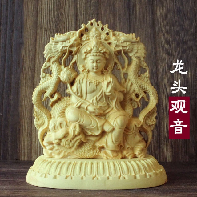 Chinese Wood Boxwood Carved Guan Yin Kwan-yin Goddess Buddha Dragon Lotus Statue