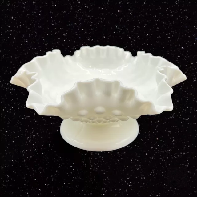 Vintage Fenton Milk Glass Pedestal Dish Hob Nail White Compote Dish Ruffle Bowl