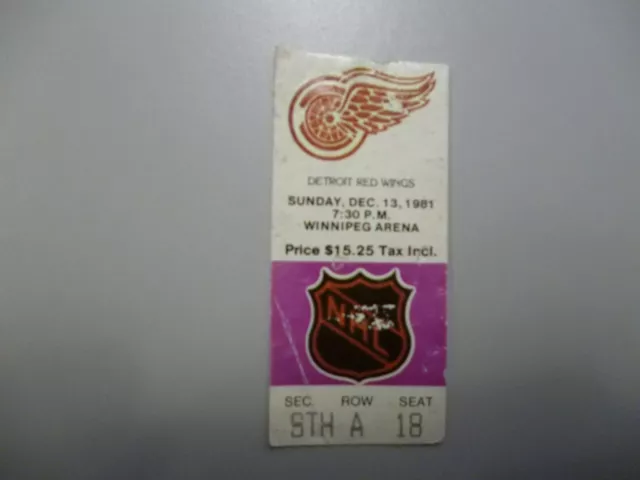 Detroit Red Wings at Winnipeg Jets Dec 13/81 Ticket Stub