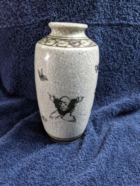 Vintage Chinese Crackle Glazed Vase, children chasing butterflies, 6.5" T x 4" D