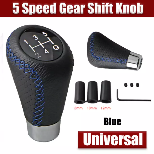 Universal Black Blue Leather Alloy 5 Speed Car Manual MT Gear Shift Knob Shifter