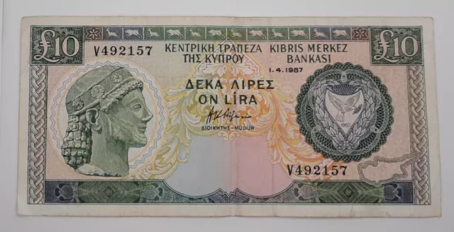 1987 - Central Bank Of Cyprus - £10 (Ten) Lira / Pounds Banknote, No. V 492157