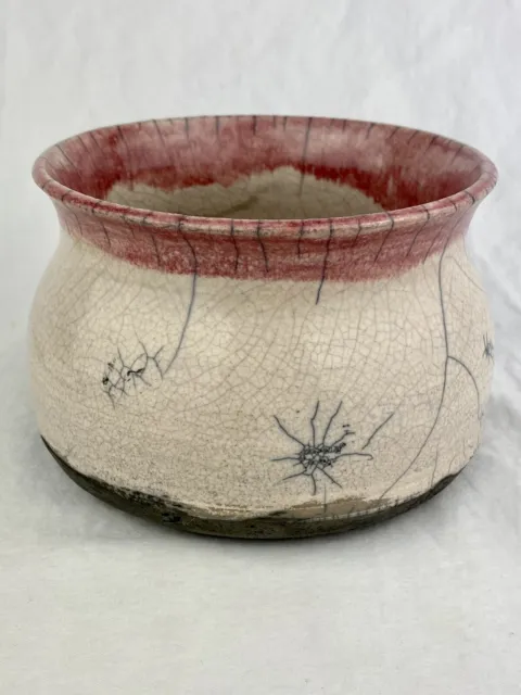 Raku Pottery Vase Signed By Studio Artist Alyce M Pink Rim Spider Crackle Glaze
