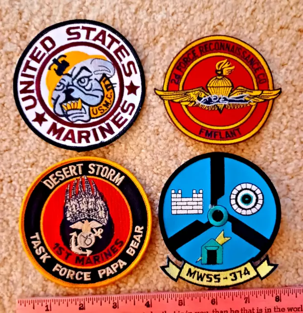 Lot of 4 USMC embroidered patches : 1st Marines Desert Storm, FMFLANT, MWSS-374