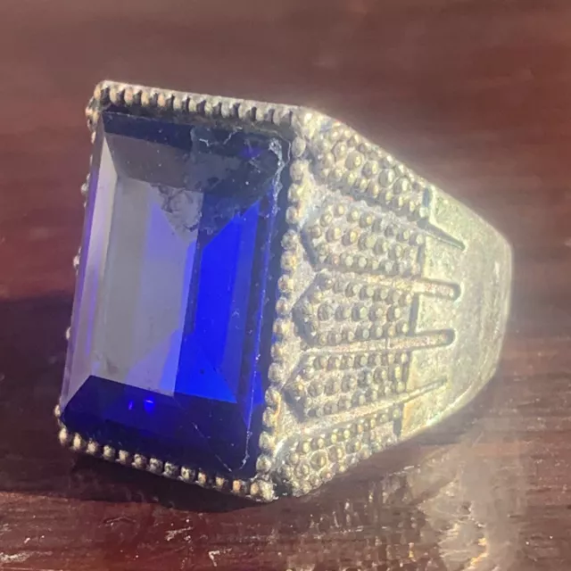 Very Rare Ancient Solid Silver Old Antique Viking Ring With Blue Stone Artifact