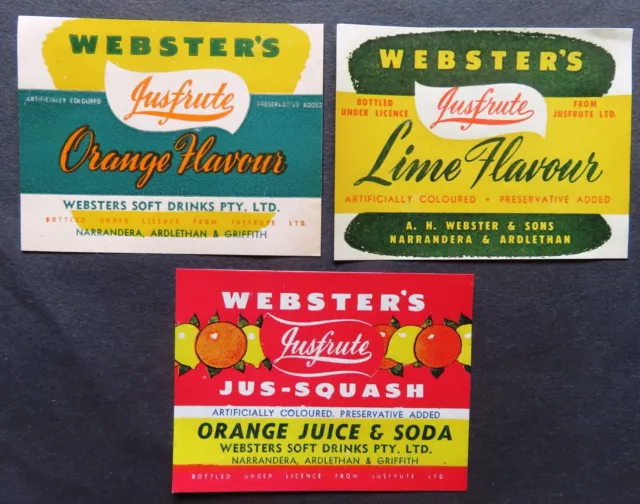 Vintage Australian (un-used) Cordial Labels: WEBSTER'S (Jusfrute) x 3