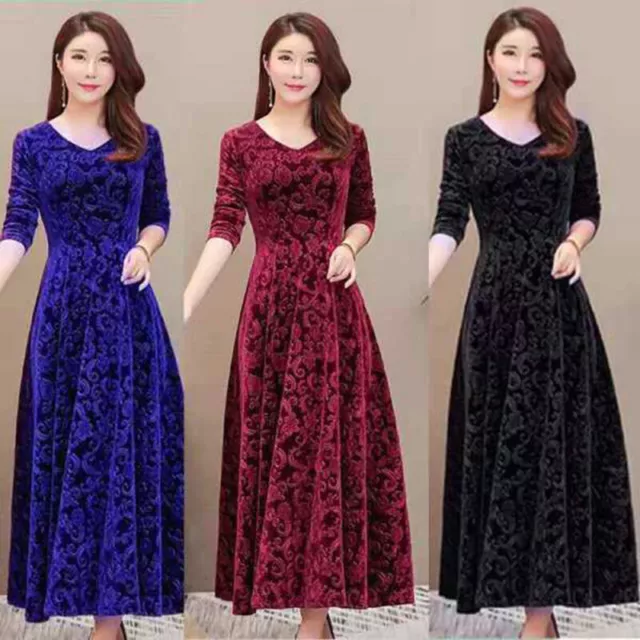 Femme Velours Col V Maxi Manches Longues Robe Soirée Cocktail Long Balle *