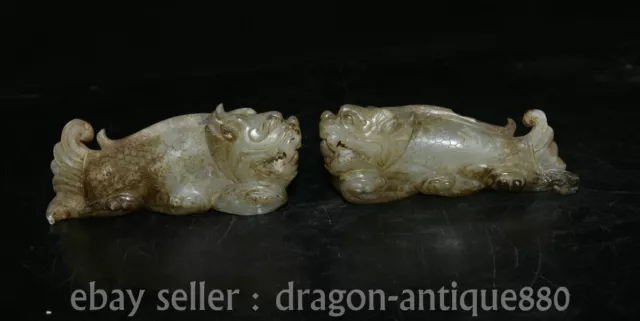 5.6" ancient Chinese hetian jade jadeite carving Dragon fish statue pair