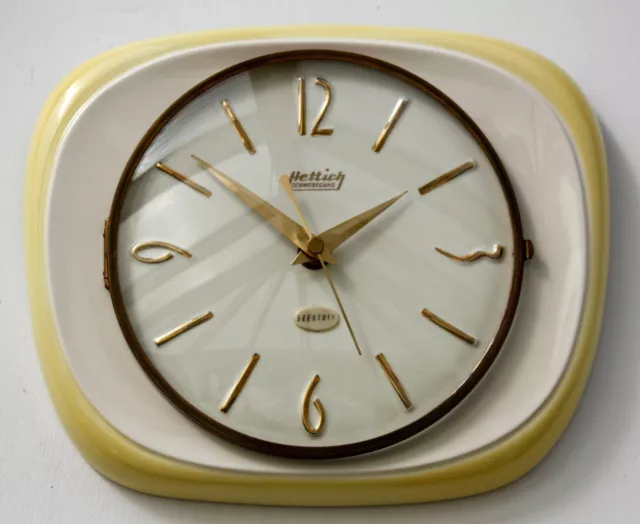 Vintage 24cm Hettich Wall Clock - Ceramic Retro Atomic Mid Century Yellow German