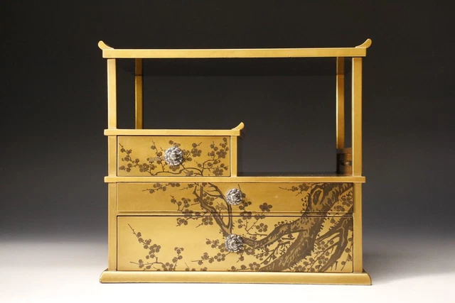 Antique Japanese Lacquer Maki-e Ume Blossom Sumie Small Cabinet Silver Fittings