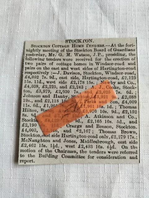 1899 23rd Feb STOCKTON COTTAGE HOME TENDERS newspaper report cutting