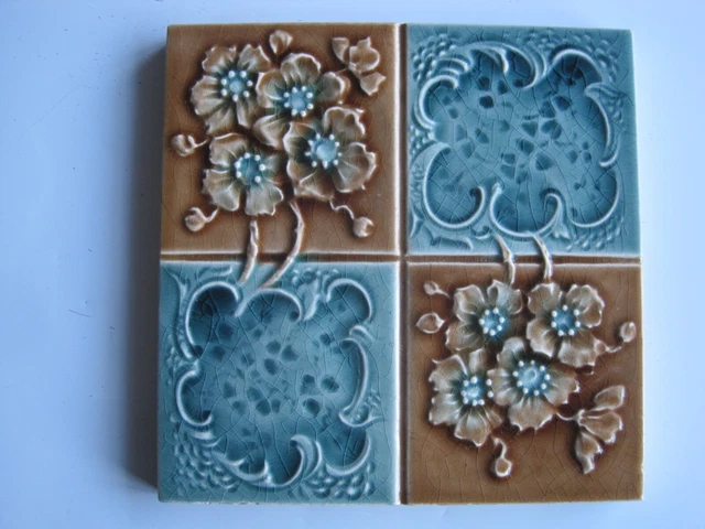 Antique Victorian Relief Moulded & Majolica Glazed Quartered Floral Marsden Tile