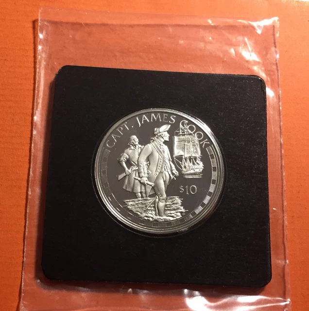 10 Dollars 1994 B.e. Iles Cook Captain Cook / Elisabeth Ii Monnaie En Argent.