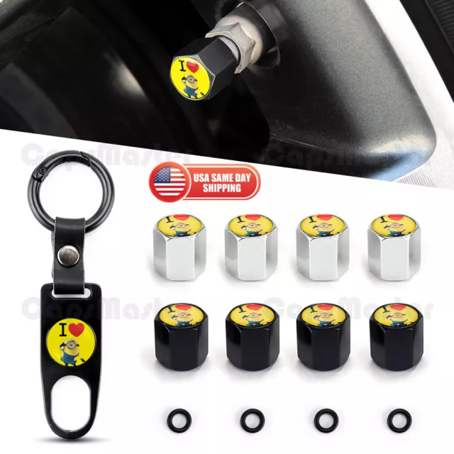 Universal Car Wheel Tire Valve Dust Stem Air Cap Keychain Ring Cute Minions Logo