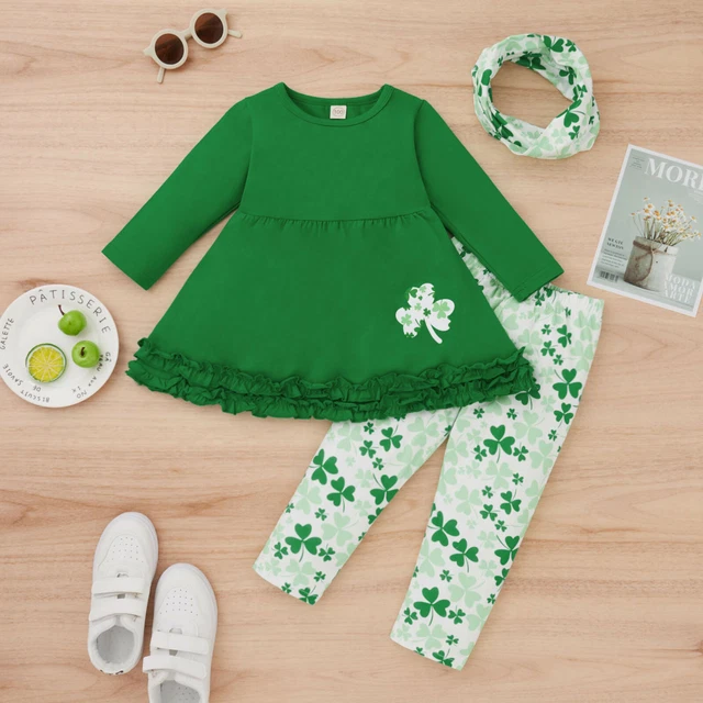 Pantaloni top sciarpa per bambine San Patrizio abiti da giorno arricciate maniche lunghe