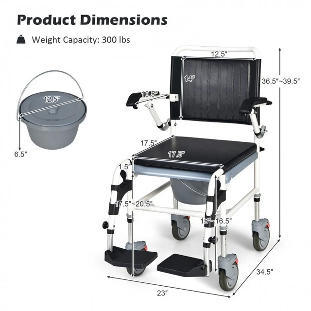 Silla cómoda de cabecera Costway 4 en 1, cómoda de ruedas silla de ruedas con canastilla JH100