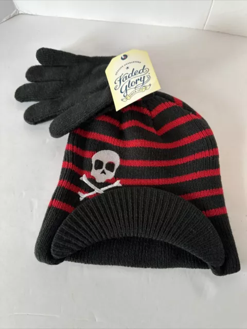 Faded Glory Boy One Size Black Red Striped Skull Crossbones Beanie Glove Set NWT