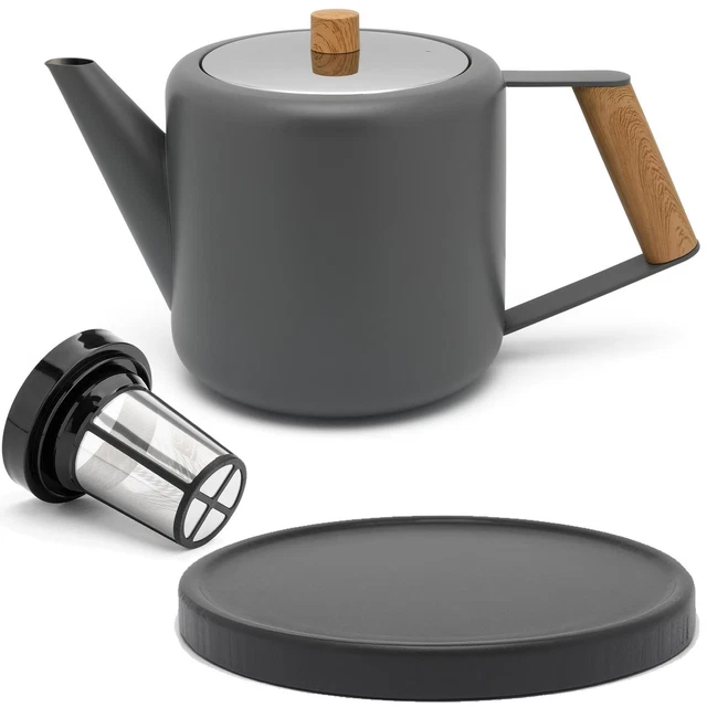 graue doppelwandige Edelstahl Teekanne 1.1 L Teefilter & Holzuntersetzer schwarz