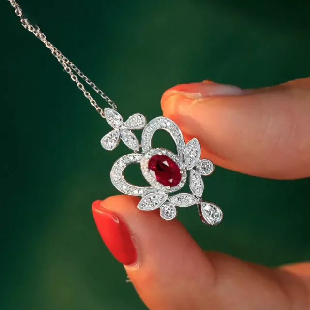 1.50Ct Ovale Lab-Created Rubis Rouge Pendentif Fleur 14K Plaqué or Blanc 18 "