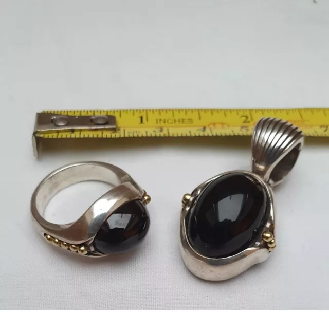 LAGOS CAVIAR 925 sterling Silver 750 18ct Onyx Ring & Pendant Matching ...