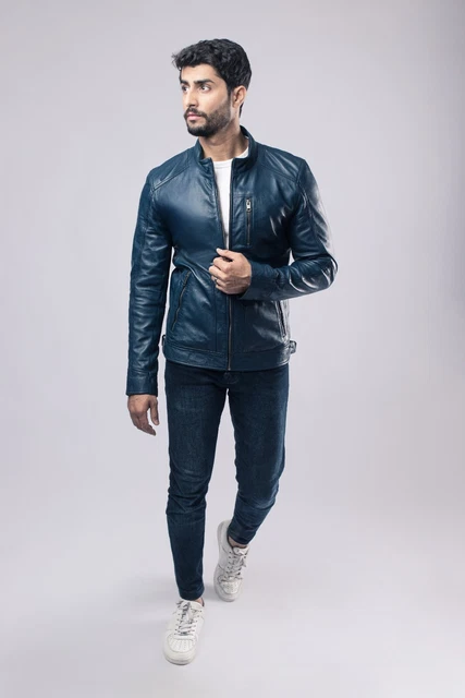 Giacca da uomo Biker Racer vera pelle di pecora blu stile moto giacca da caffè
