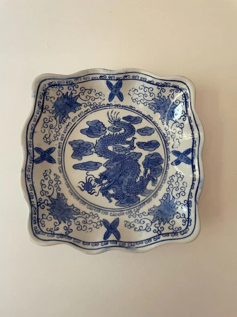 Antique, porcelain plate, scalloped, dragon design, blue/white, artist unknown