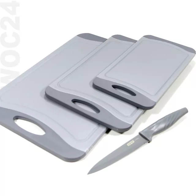 3er SET ANTI-RUTSCH Schneidebrett + Messer Tranchierbrett Kunststoff Grau Griff