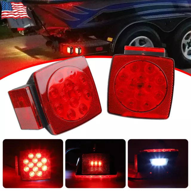 1Pair Square Rear LED Submersible Trailer Tail Lights Kit Under 80" Boat Truck