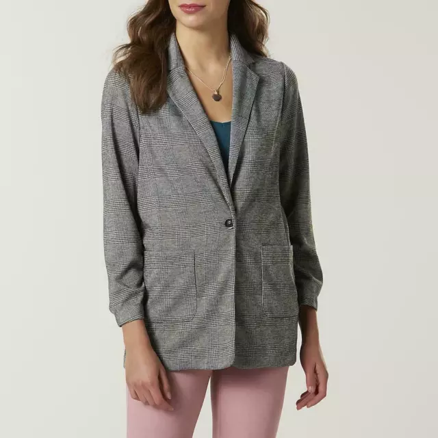 Women's Knit Blazer Plaid Check Ruched Sleeve Jacket SMALL New $34