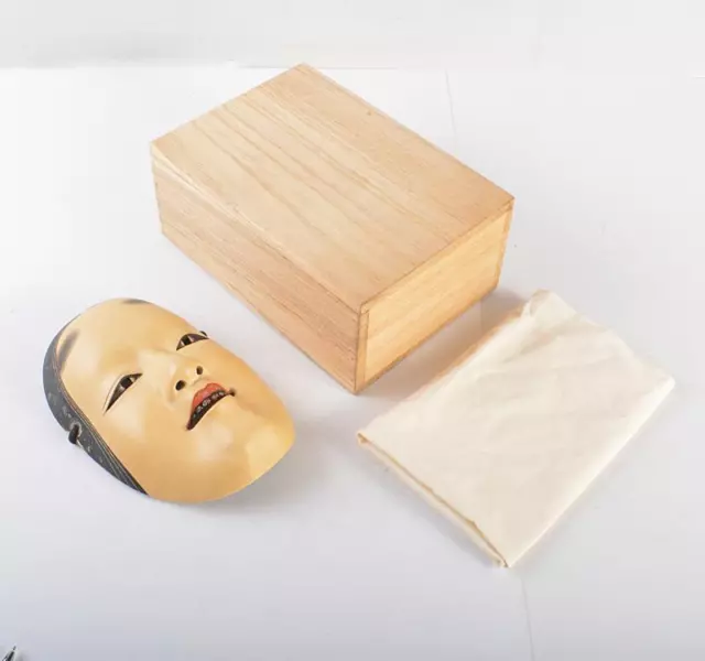 Noh Mask Koomote Woman Japanese Vintage Antique Handmade Wood with Box